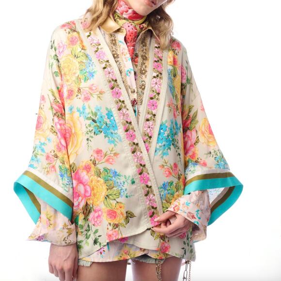 NWT ARATTA Earth Angels Short Kimono - Beige with Rose Peacock Print - One Size - Picture 1 of 2